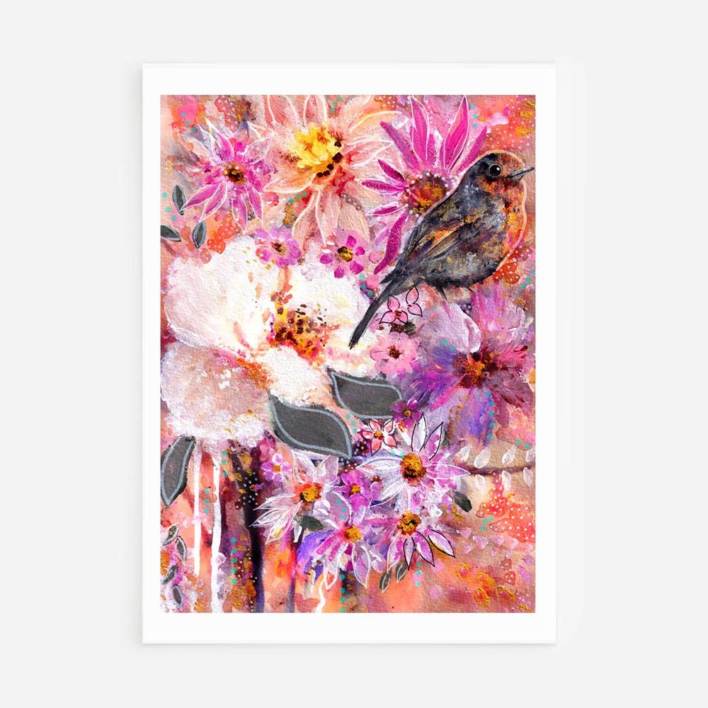 Sparrow Basking in the Floral Sunrise - Uncommon Florals