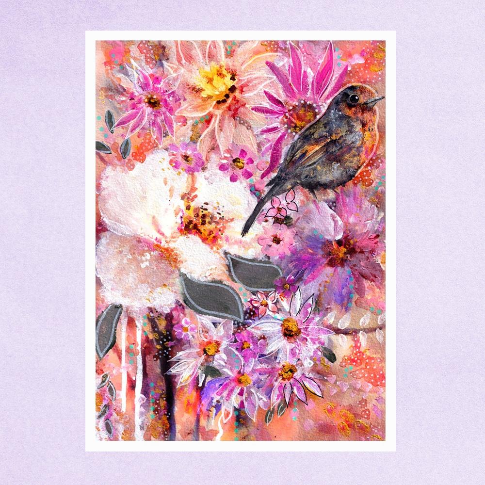 Sparrow Basking in the Floral Sunrise - Uncommon Florals