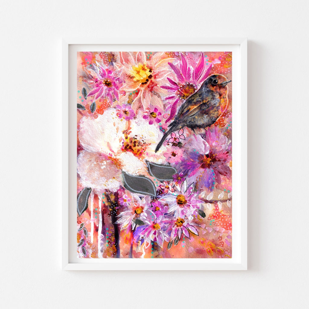 Sparrow Basking in the Floral Sunrise - Uncommon Florals