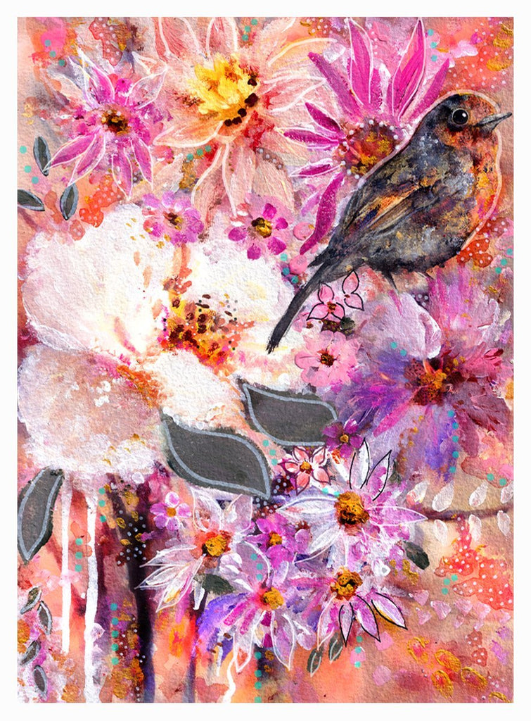 Sparrow Basking in the Floral Sunrise - Uncommon Florals